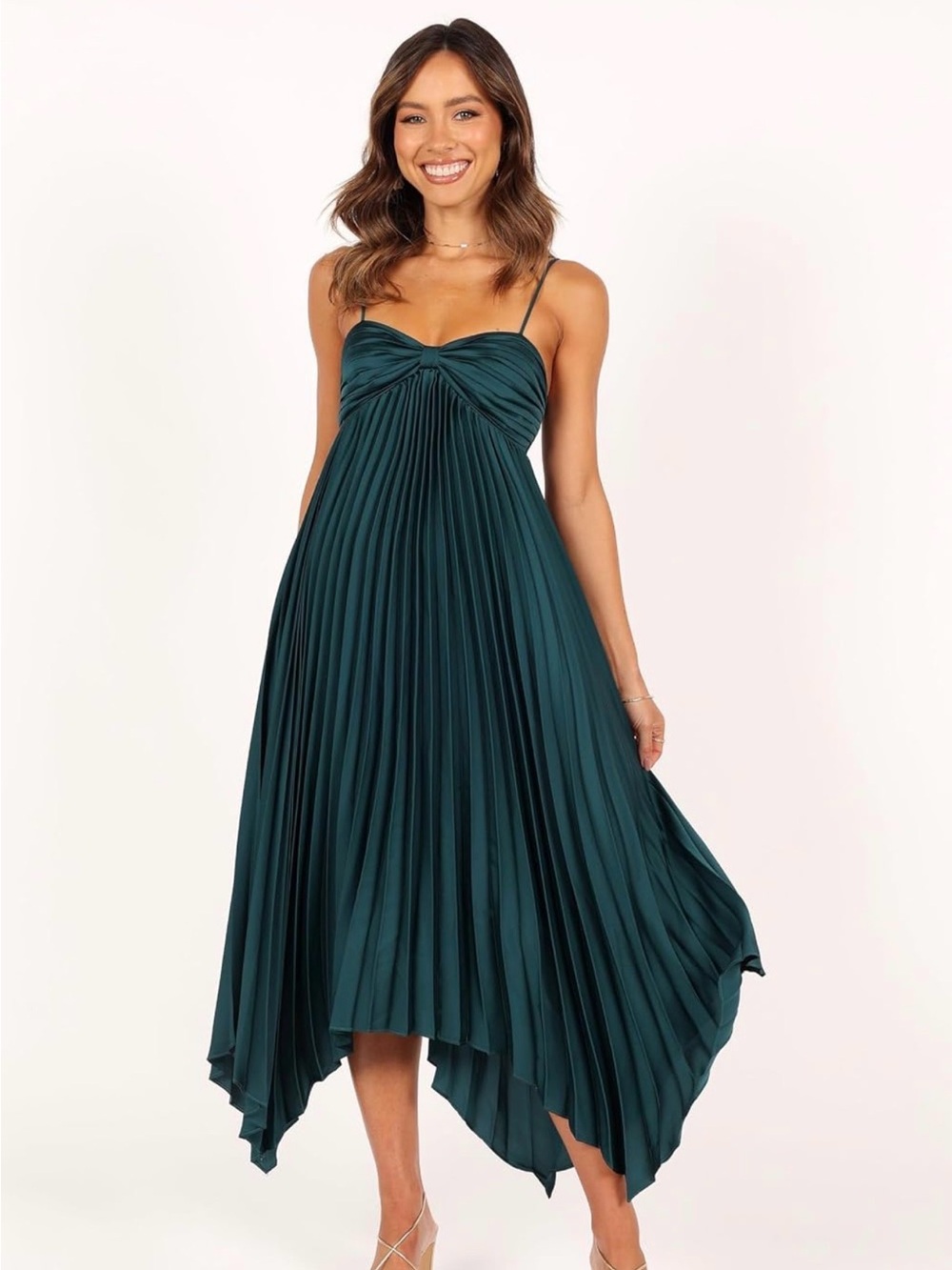 Petal & Pup Emerald Green Satin Pleated Asymmetrical Hem Midi